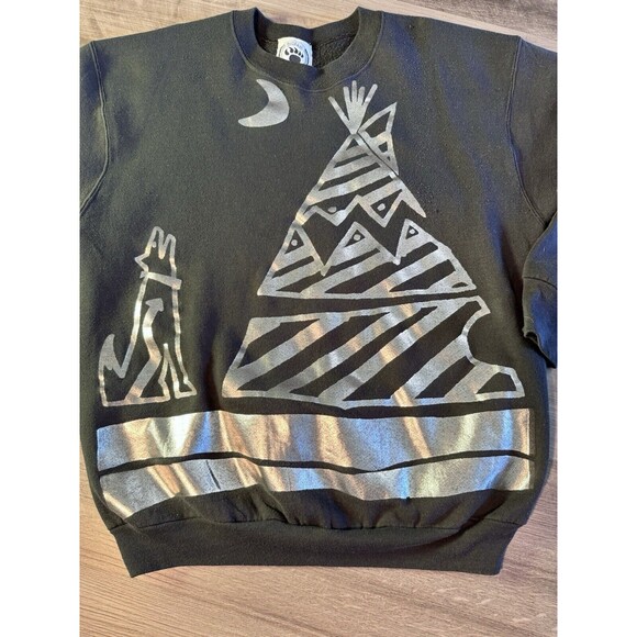 Native American Art Sweatshirt Vintage Wolf Teepee Print By Indian Skin 90s - Picture 3 of 6